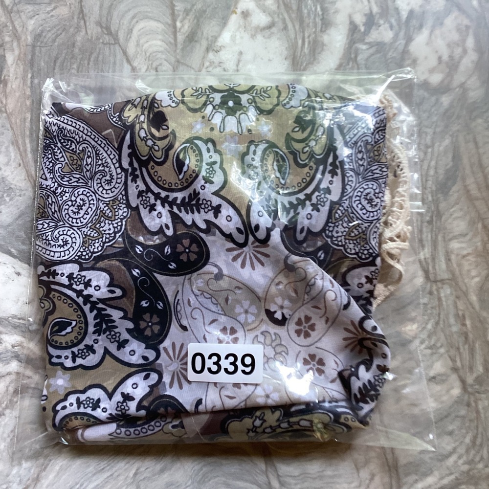One World Paisley Chiffon Blouse Crochet Lace Shoulder Boho Top Brown Cream PM - Picture 10 of 10
